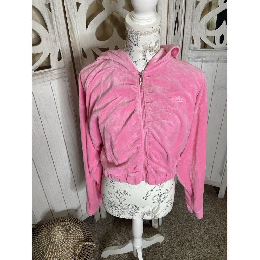 JUICY COUTURE Cropped Velvet Cinched Hooded Jacket Neon Pink Sz Large